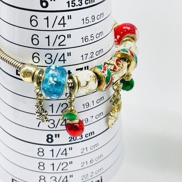 Christmas Charm Bracelet Reindeer Snowflakes Jingle Bells Red Green Enamel Beads - Picture 7 of 9